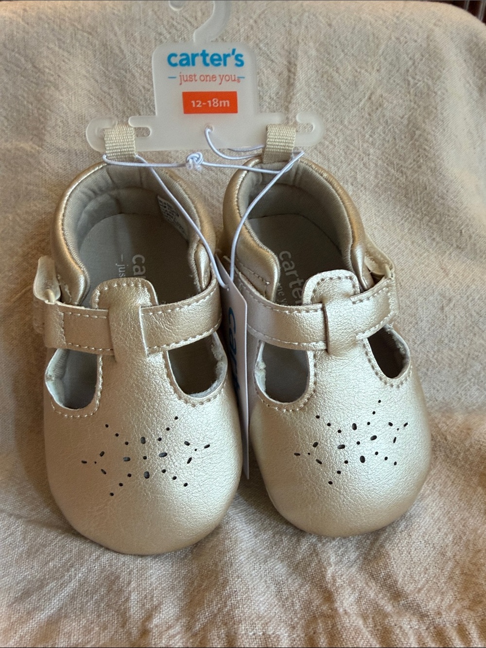 NWT~ Carter's Metallic Gold T-Strap Mary Jane Baby Shoes. SZ 12~18 Months